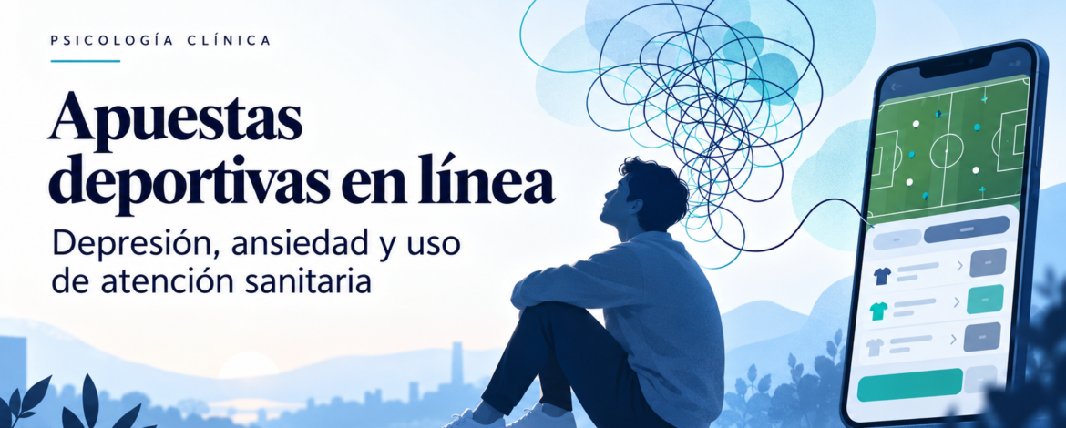 Ilustración de una persona junto a un móvil con un campo de fútbol y líneas enredadas, con el título Apuestas deportivas en línea.
