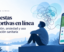 Ilustración de una persona junto a un móvil con un campo de fútbol y líneas enredadas, con el título Apuestas deportivas en línea.
