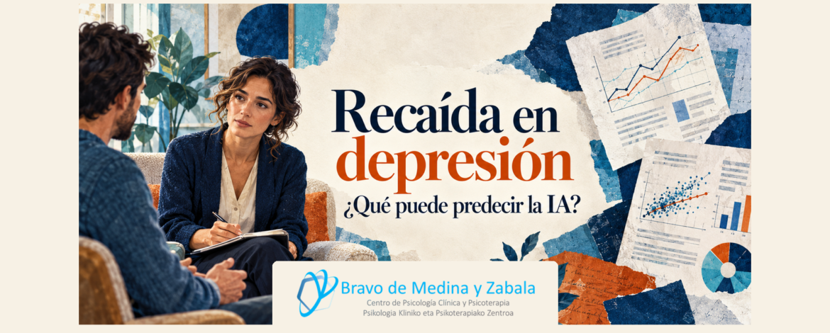Recaída en depresión: qué puede predecir la IA. Ilustración de una conversación clínica junto a documentos de investigación.