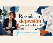 Recaída en depresión: qué puede predecir la IA. Ilustración de una conversación clínica junto a documentos de investigación.