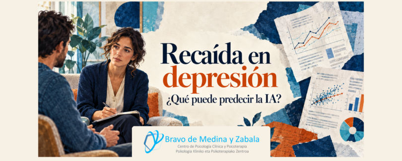 Recaída en depresión: qué puede predecir la IA. Ilustración de una conversación clínica junto a documentos de investigación.