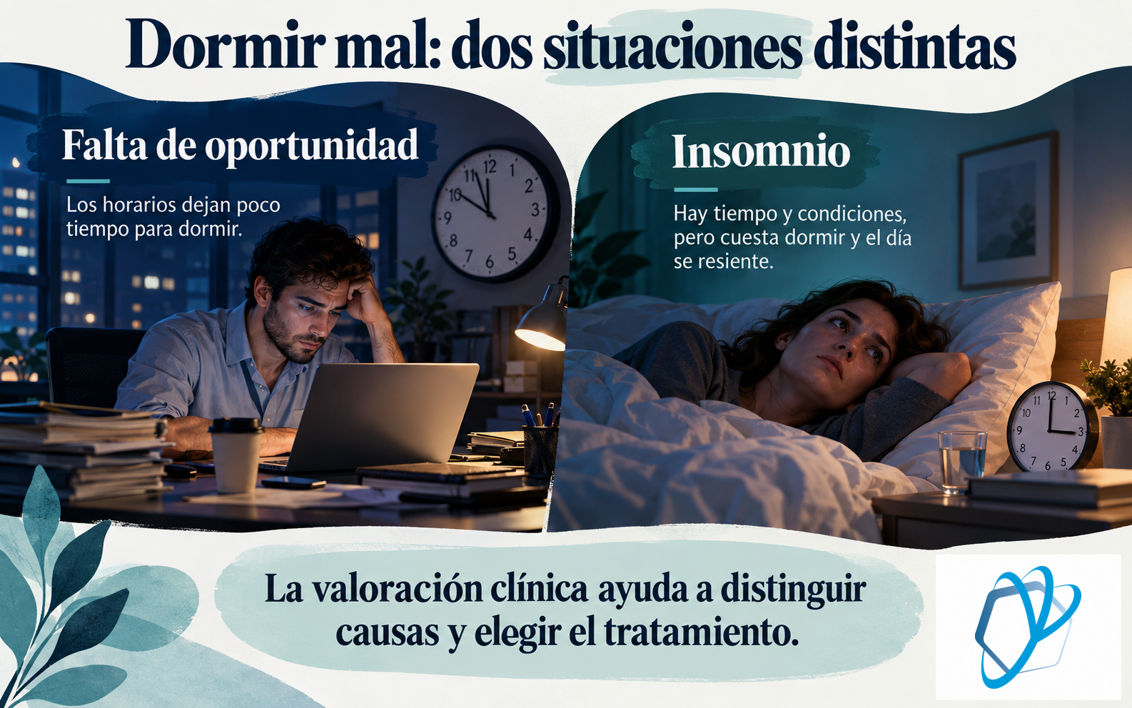 Diferencia entre falta de tiempo para dormir e insomnio pese a disponer de oportunidad. Anagrama de Bravo de Medina y Zabala.