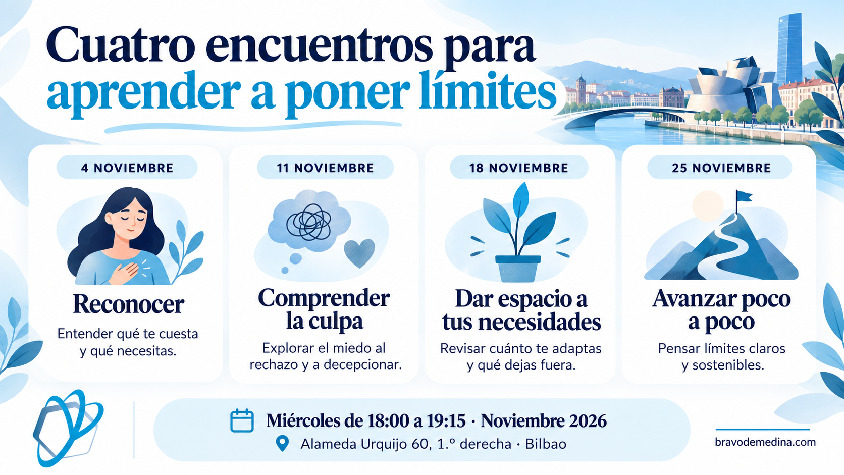 Programa de los días 4, 11, 18 y 25 de noviembre: reconocer dificultades, comprender la culpa, dar espacio a las necesidades y avanzar gradualmente; de 18:00 a 19:15.