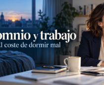 Insomnio y trabajo: el coste de dormir mal. Escena que conecta dormitorio y oficina, con el anagrama original de Bravo de Medina y Zabala.