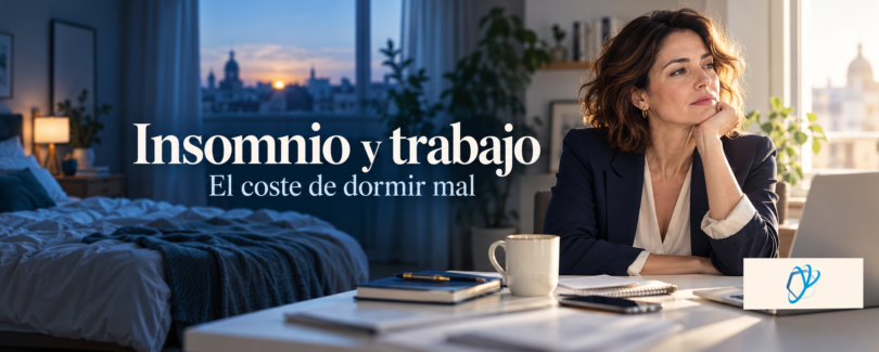 Insomnio y trabajo: el coste de dormir mal. Escena que conecta dormitorio y oficina, con el anagrama original de Bravo de Medina y Zabala.